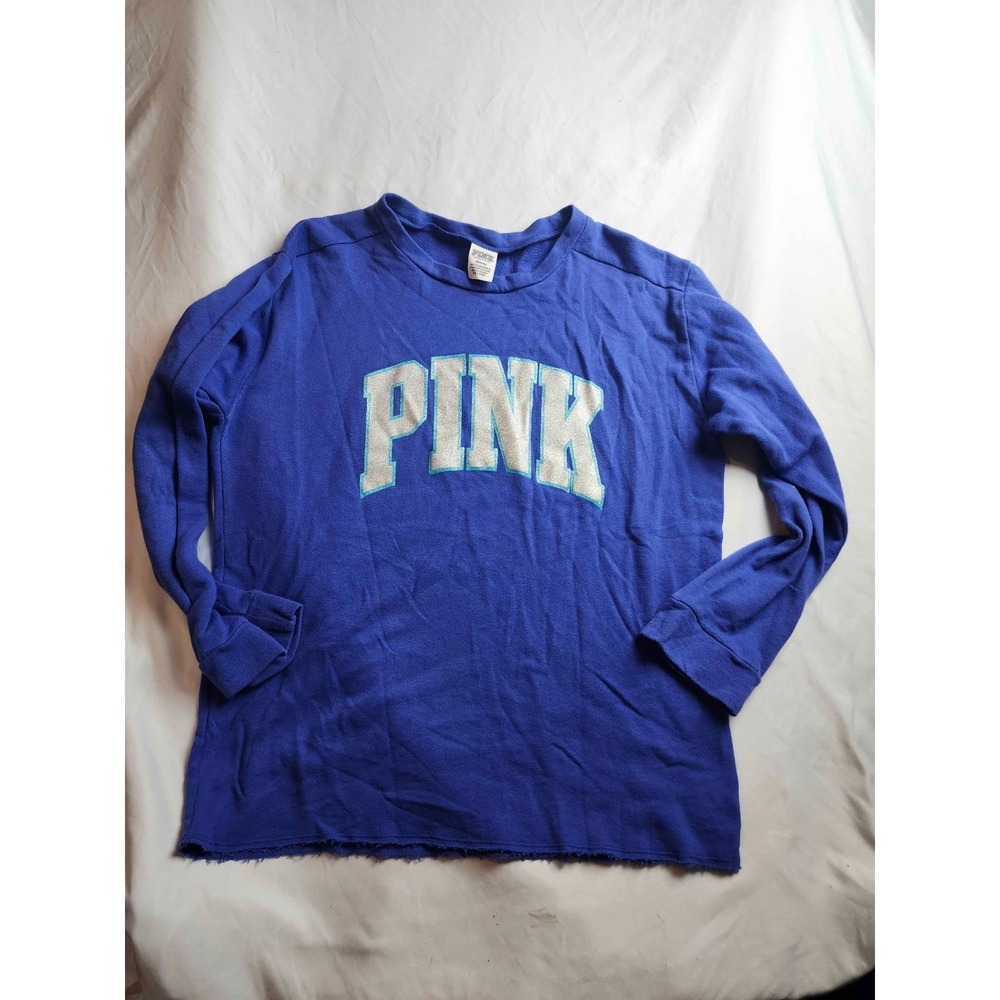 Pink Victoria's Secret Sweatshirt M Blue Silver Glitter Applique Gym Loungewear